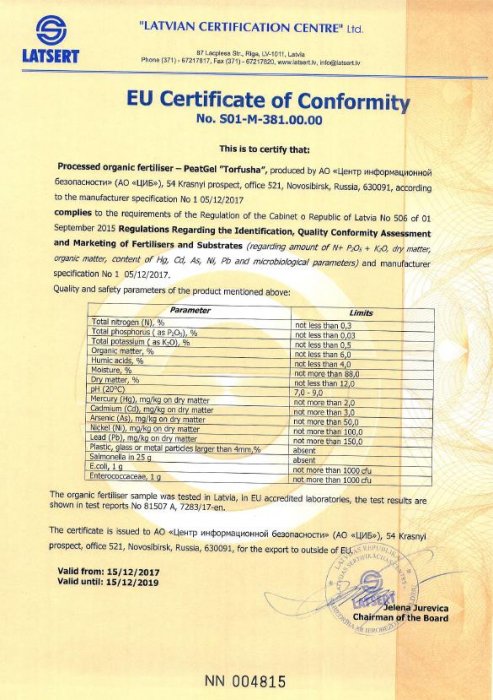Европейский сертификат соответствия на торфогель